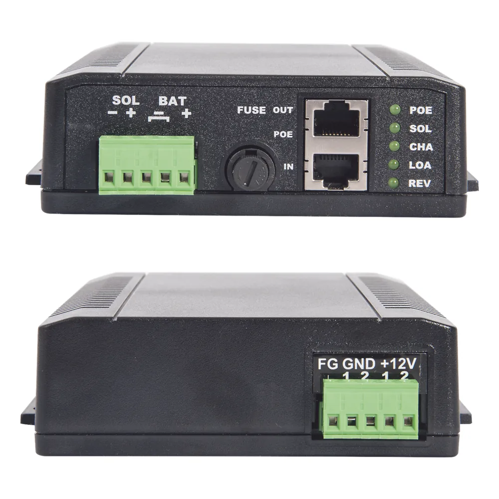 Controlador Solar POE, Entrada 12 Vcc Hasta un Panel Solar de 125 Watts, Salida PoE Pasivo en 24 Vcc Hasta 20 Watts Máximo.