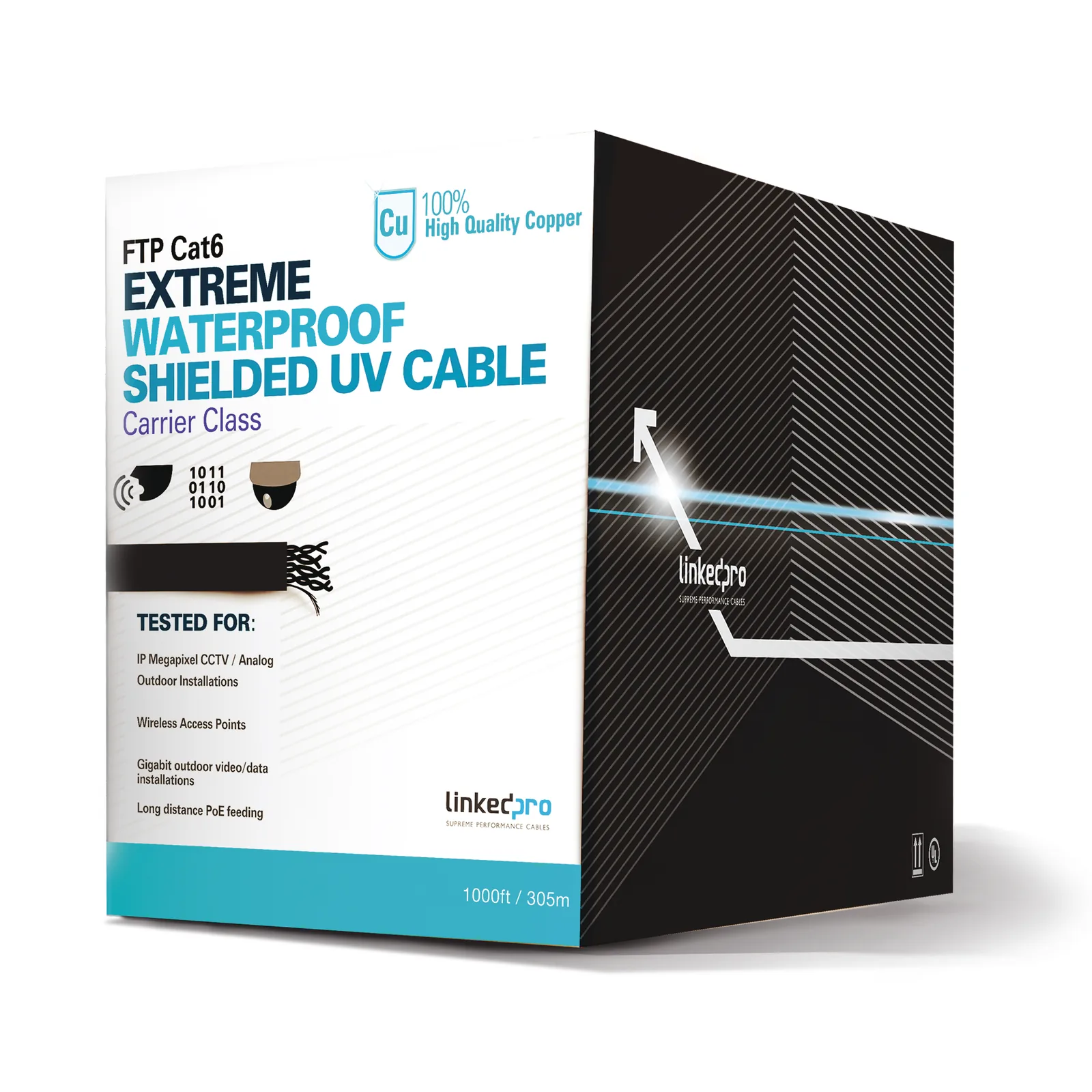 Bobina de Cable de 305 Metros (1000 Pies) Cat6+ Calibre 23 Exterior Blindado Tipo FTP para Climas Extremos, UL, Color Negro