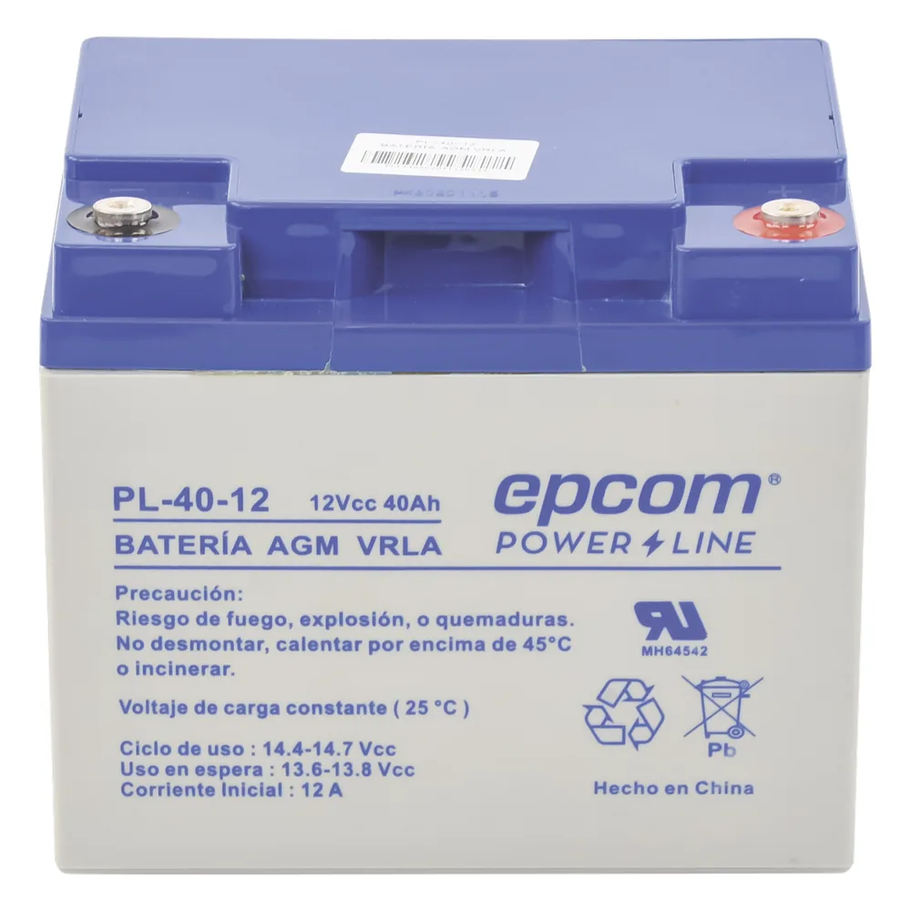 Batería 12 Vcc / 40 Ah / UL / Tecnología AGM-VRLA / Para uso en equipo electrónico Alarmas de intrusión / Incendio/ Control de acceso / Video Vigilancia / Terminales tipo M6 ( HEX ) / Cargador recomendado CHR-250.