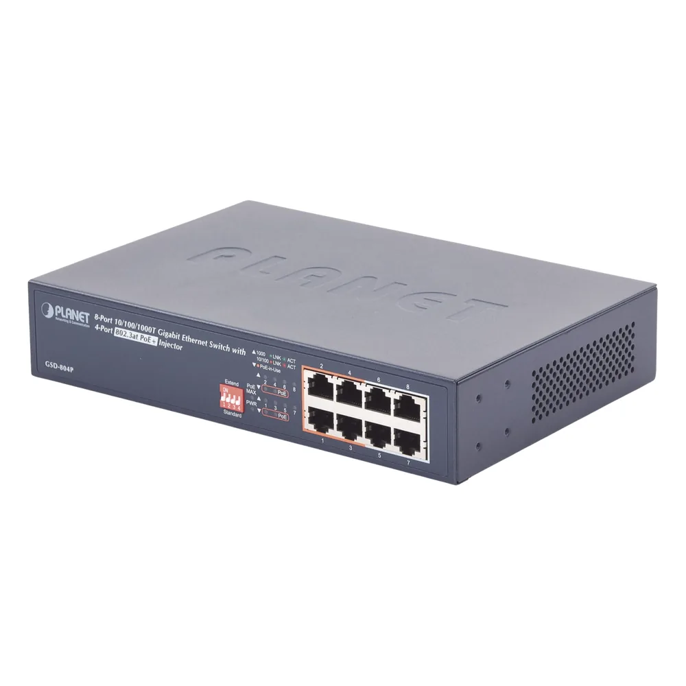 Switch PoE no Administrable, 8 Puertos 10/100/1000 Mbps con 4 Puertos PoE 802.3af/at, Modo Extender Hasta 250 mts