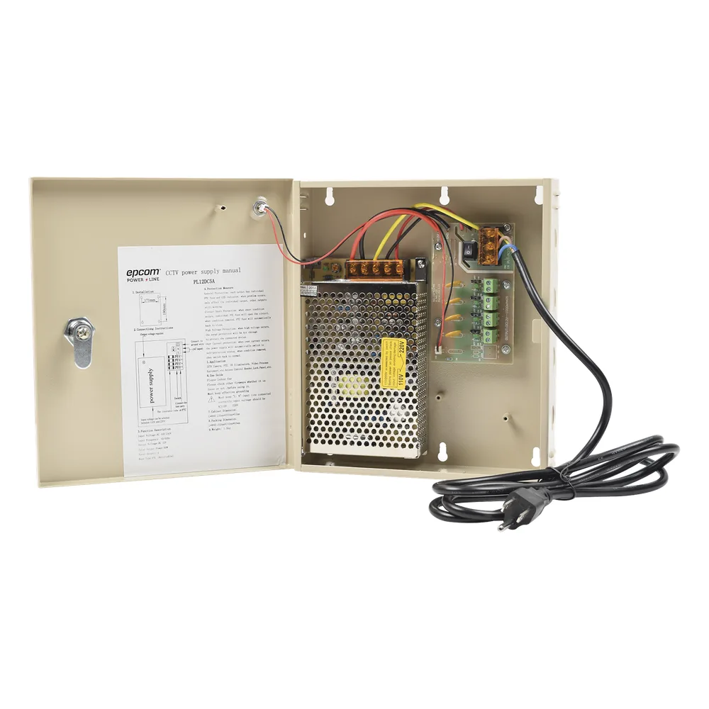 Fuente de poder profesional para CCTV de 12 Vcc @ 5A, para 4 cámaras ; Voltaje de entrada de 100-240 Vca