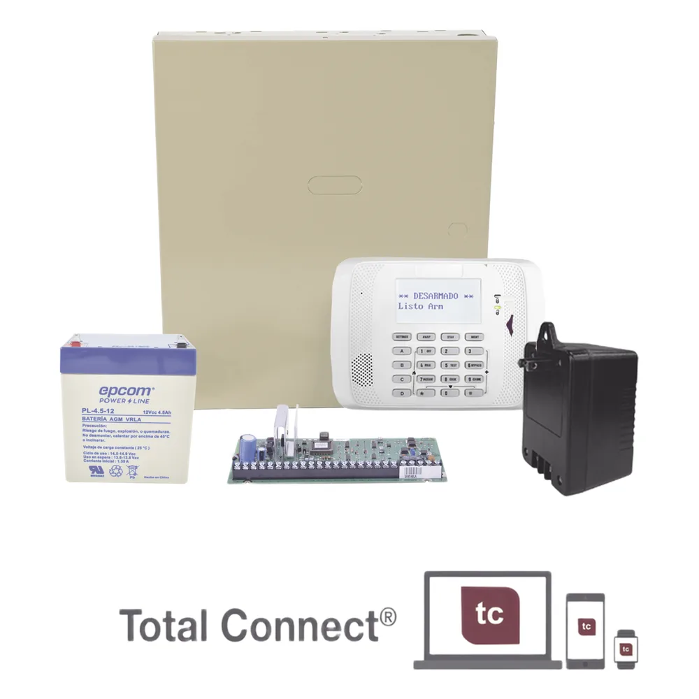 Panel de alarma de 48 zonas y 3 particiones, en kit con teclado alfanumérico, receptor inalámbrico, gabinete, batería y transformador