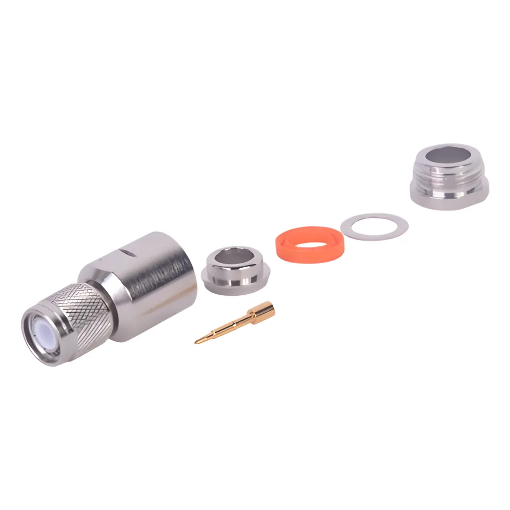 Conector TNC Macho de Rosca Izquierda Métrica, Tipo Rosca para RG-8/U, 9913, LMR-400, CNT-400 del Grupo I, Plata/ Oro/ Teflón.