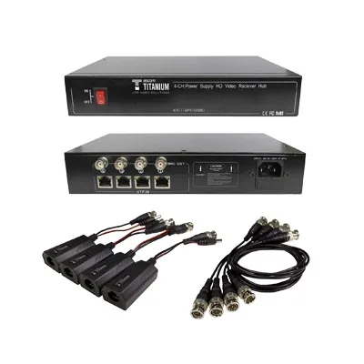 Kit de 4 canales de para transmisión de ALIMENTACION ( de 36 Vcc a 12Vcc ) y VIDEO (HD-TVI) a distancias de hasta 250 mts.