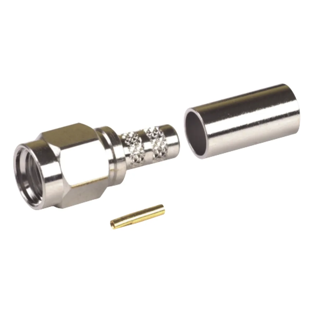Conector SMA Macho Inverso, de Anillo Plegable para RG-58/U, Niquel /Oro /Teflón.