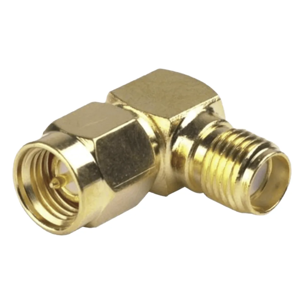 Adaptador en Ángulo Recto, de Conector SMA Macho a SMA Hembra, Oro/ Oro/ Teflón.