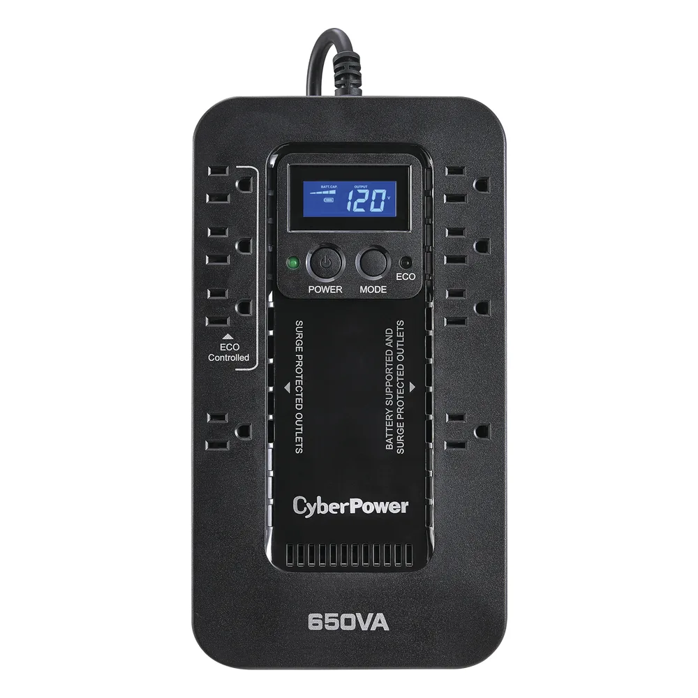 UPS de 650 VA/390 W, Topología Standby con Modo Ahorrador ECO, Entrada 120 Vca NEMA 5-15P, Con 8 Tomas NEMA 5-15R