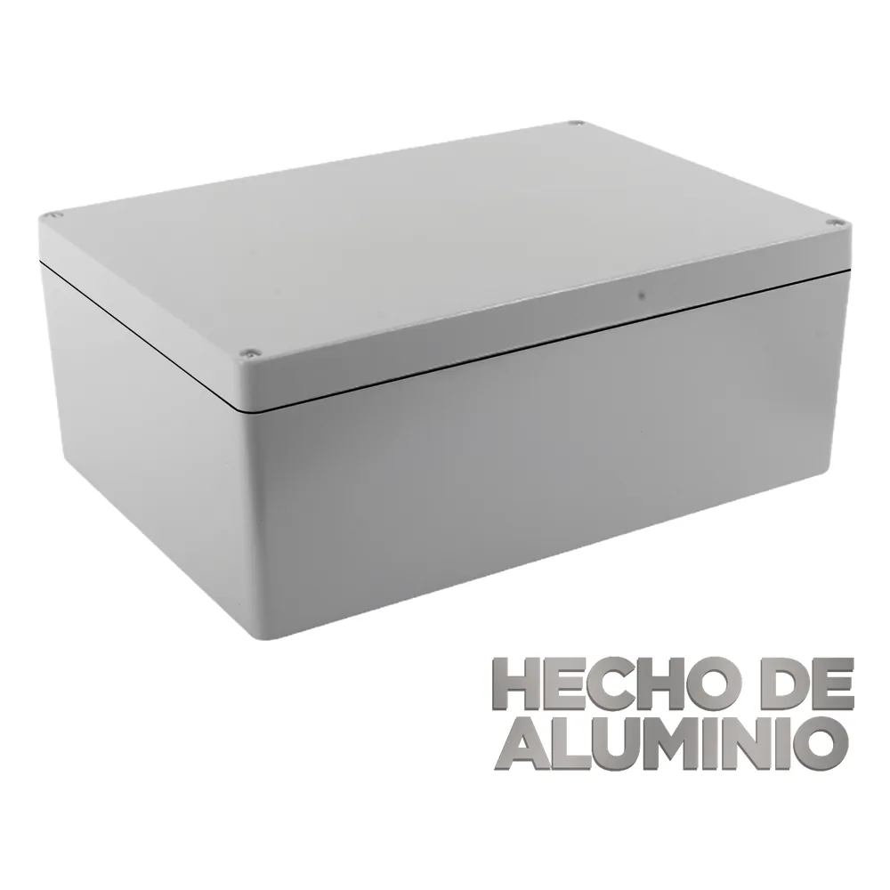 Gabinete de Aluminio para Exterior (IP66) de 390 x 280 x 158 mm con Rápida Disipación de Calor, Cierre por Tornillos con Bisagra.