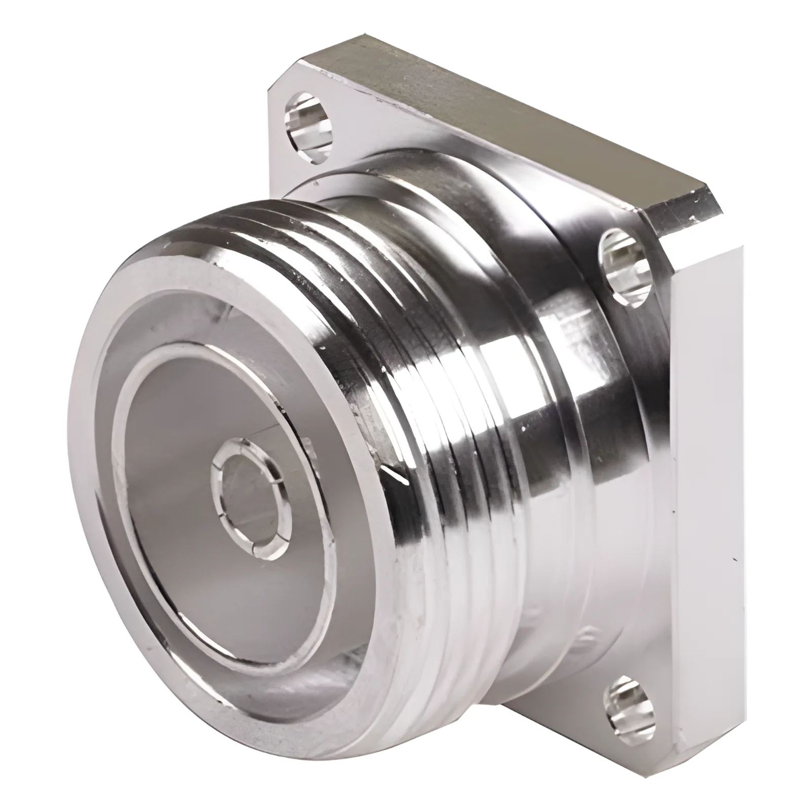 Conector DIN 7-16 Hembra, Tipo Flange de 4 Hoyos para Panel y Copa Soldable.
