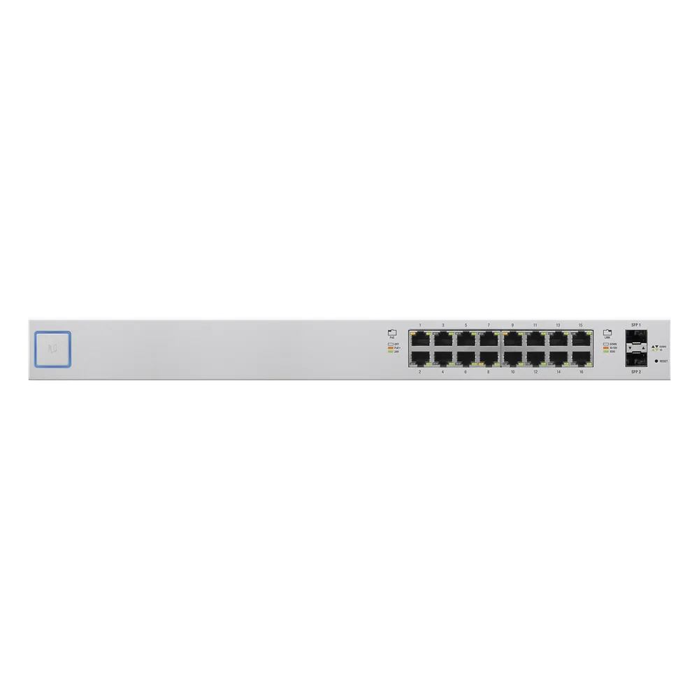 Switch UniFi administrable de 18 puertos (16 Gibabit PoE+ 802.3at/af y pasivo 24V + 2 SFP) 150 Watts