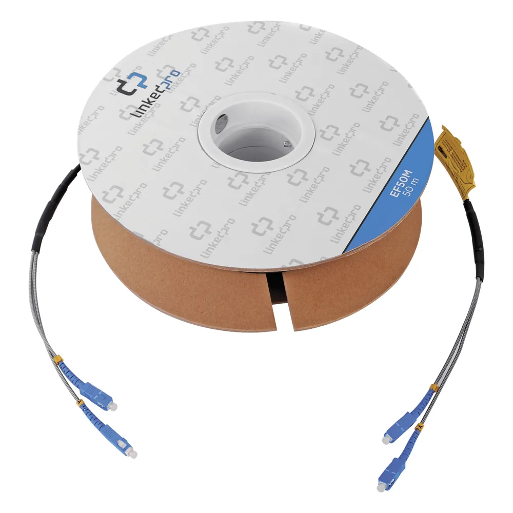 Carrete de Fibra Óptica Monomodo con conectores SC-SC Duplex, Reforzada con Kevlar, de 50 metros