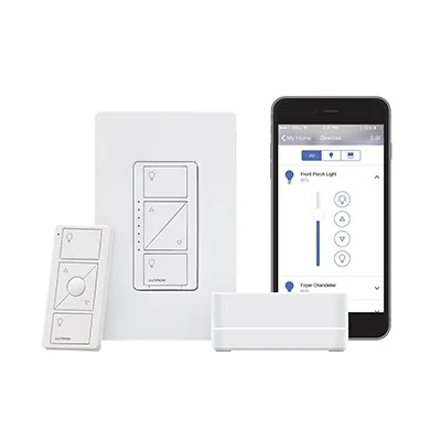 Kit de inicio Caseta Wireless con hub Smart Bridge, atenuador de pared, control Pico y placa Claro para controlar la iluminación desde la app Lutron