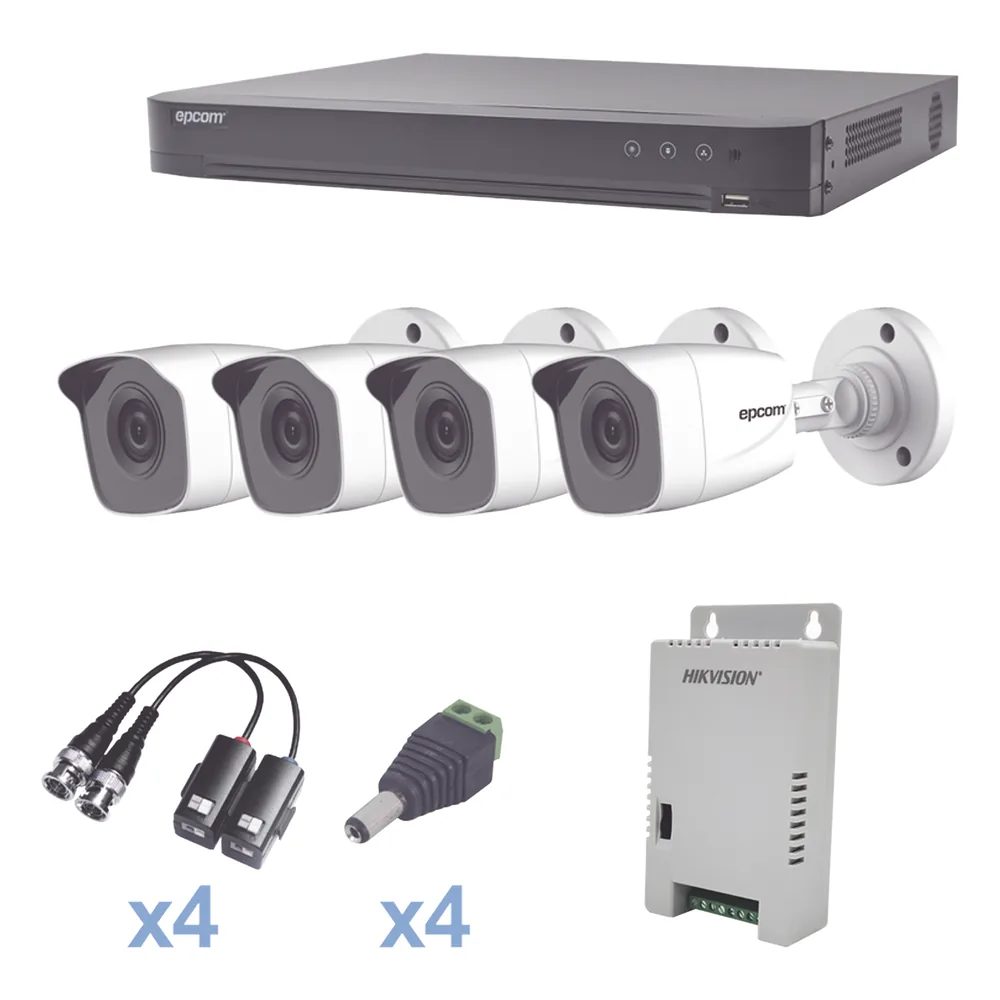 KIT TurboHD 1080p / DVR 4 Canales / 4 Cámaras Bala Metálicas (exterior 2.8 mm) / Transceptores / Conectores / Fuente de Poder Profesional