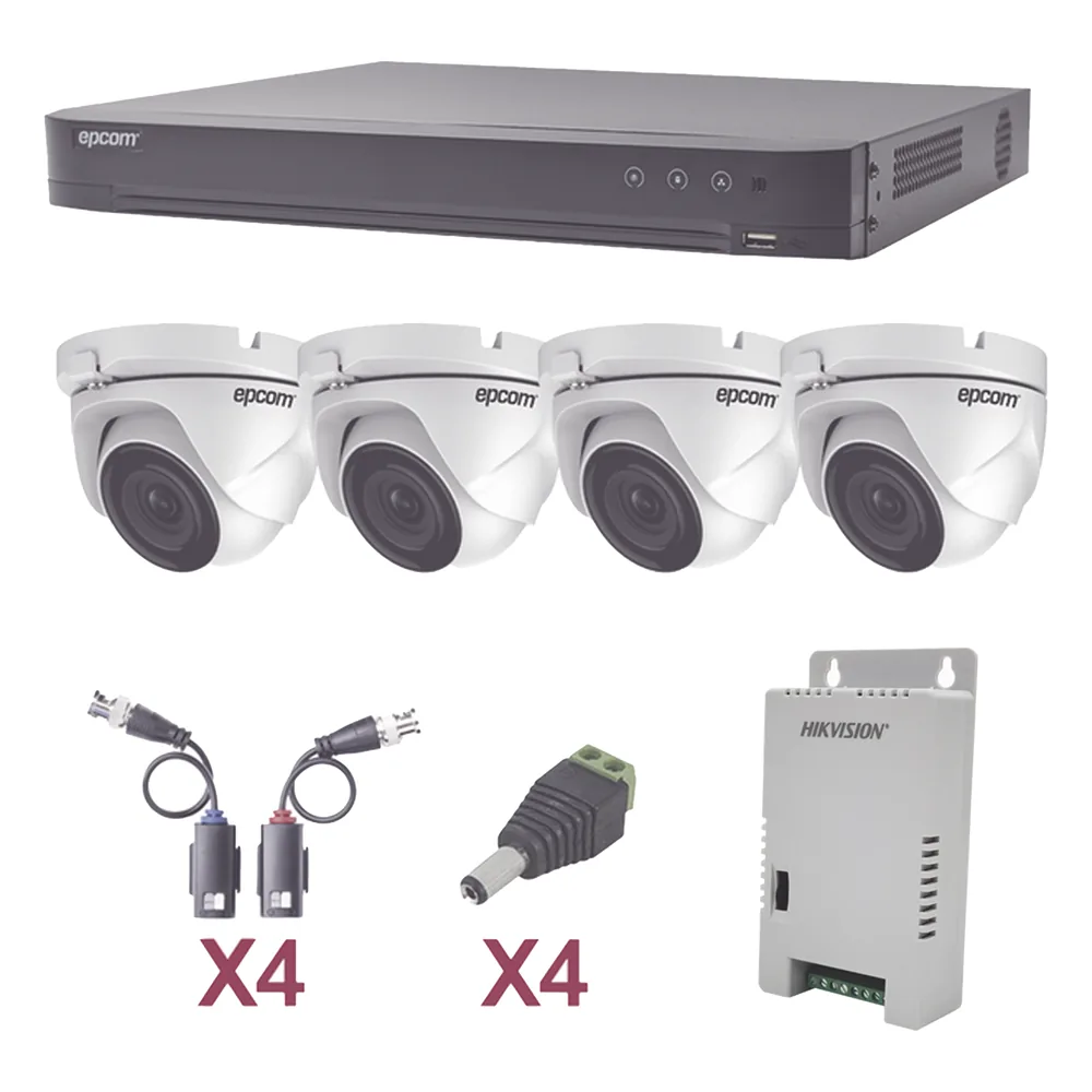 KIT TurboHD 1080p / DVR 4 Canales / 4 Cámaras Eyeball (exterior 2.8 mm) / Transceptores / Conectores / Fuente de Poder Profesional