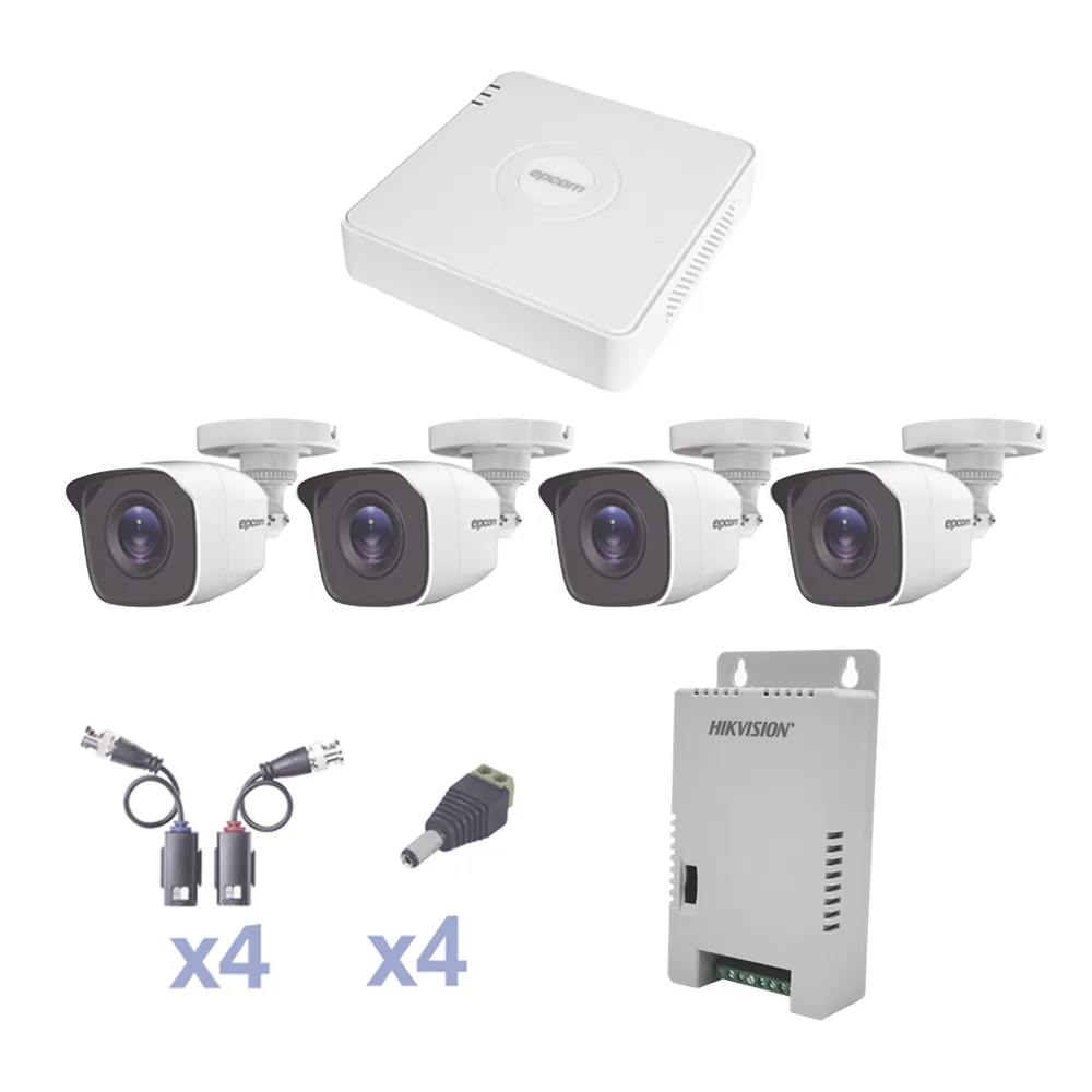 KIT TurboHD 1080 Lite / DVR 4 Canales / 4 Cámaras Bala (exterior 2.8 mm) / Transceptores / Conectores / Fuente de Poder Profesional
