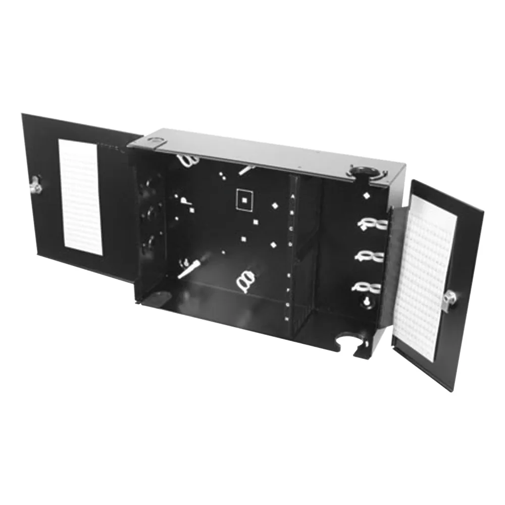 Caja de Conexión de Fibra Óptica, para Montaje en Pared, hasta 192 Puertos LC o SC (Acepta 8 Placas Acopladoras), Color Negro
