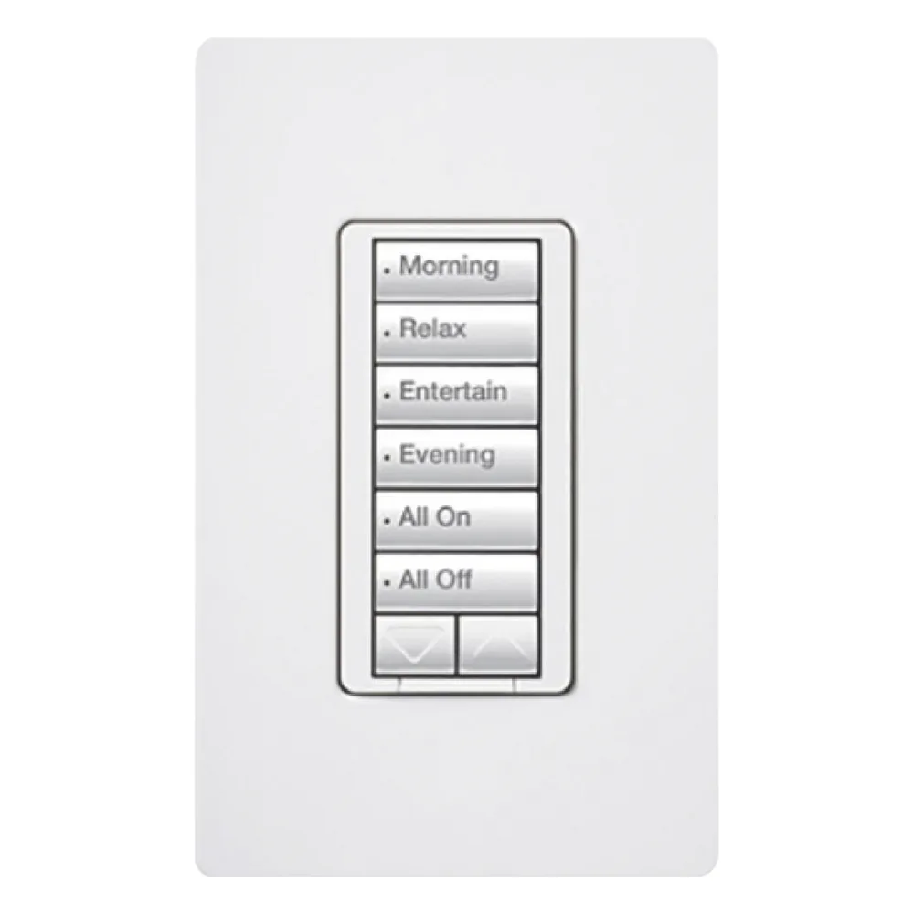 Teclado híbrido RadioRA 2 de 6 botones con subir/bajar y atenuador integrado de 450 W/450 VA para incandescente, halógeno y bajo voltaje magnético, 120 V, color blanco