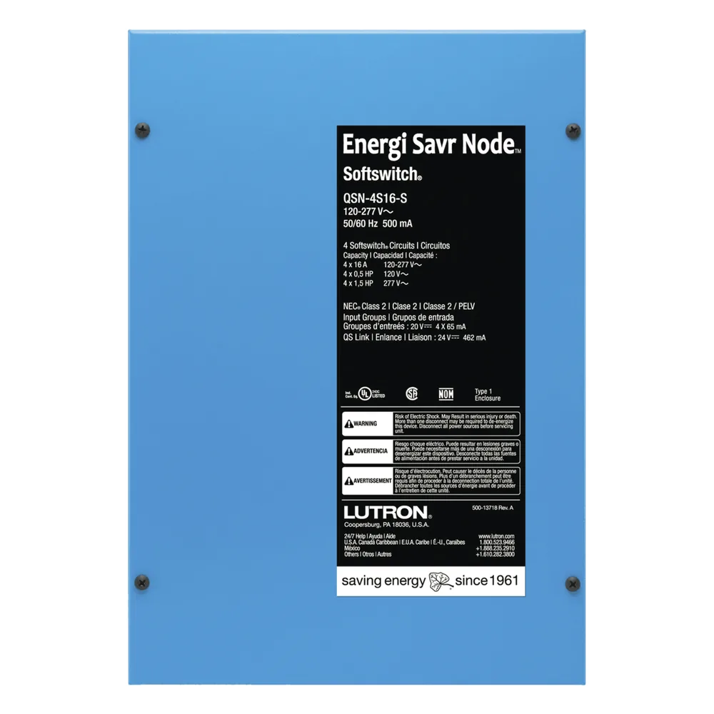 Controlador de iluminación Energi Savr Node con Softswitch, 4 zonas de conmutación de 16 A por canal, 120-277 V, montaje en superficie, para sistemas QS