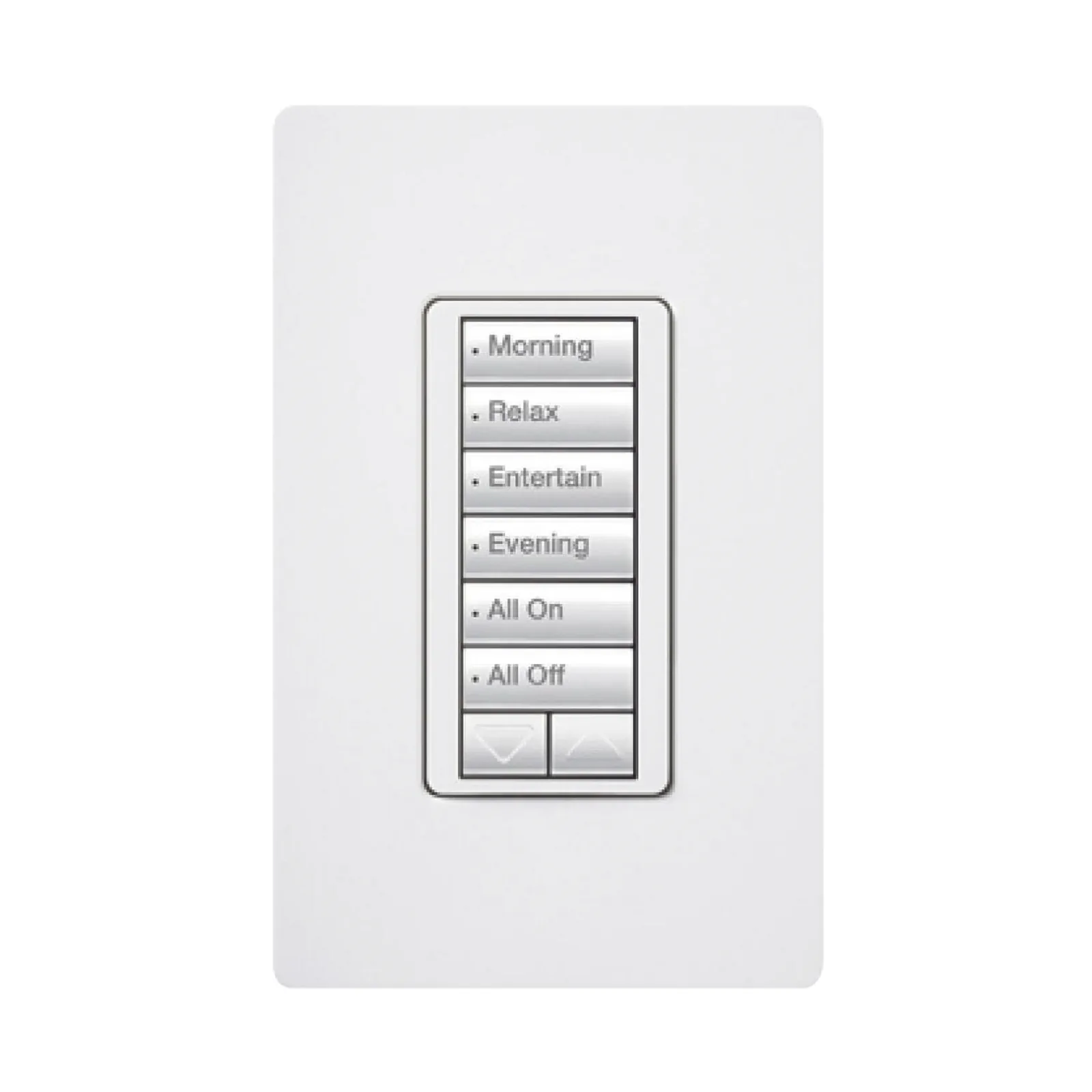 Teclado híbrido C•L de 6 botones con subir/bajar y atenuador integrado de 450 W (100 W en LED/CFL), requiere neutro, para sistema RadioRA 2, color blanco