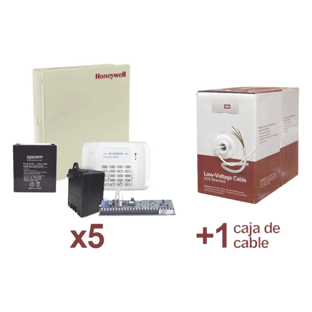 Kit de 5 paneles de alarma VISTA-48LA con batería, transformador y caja de cable de 305 metros