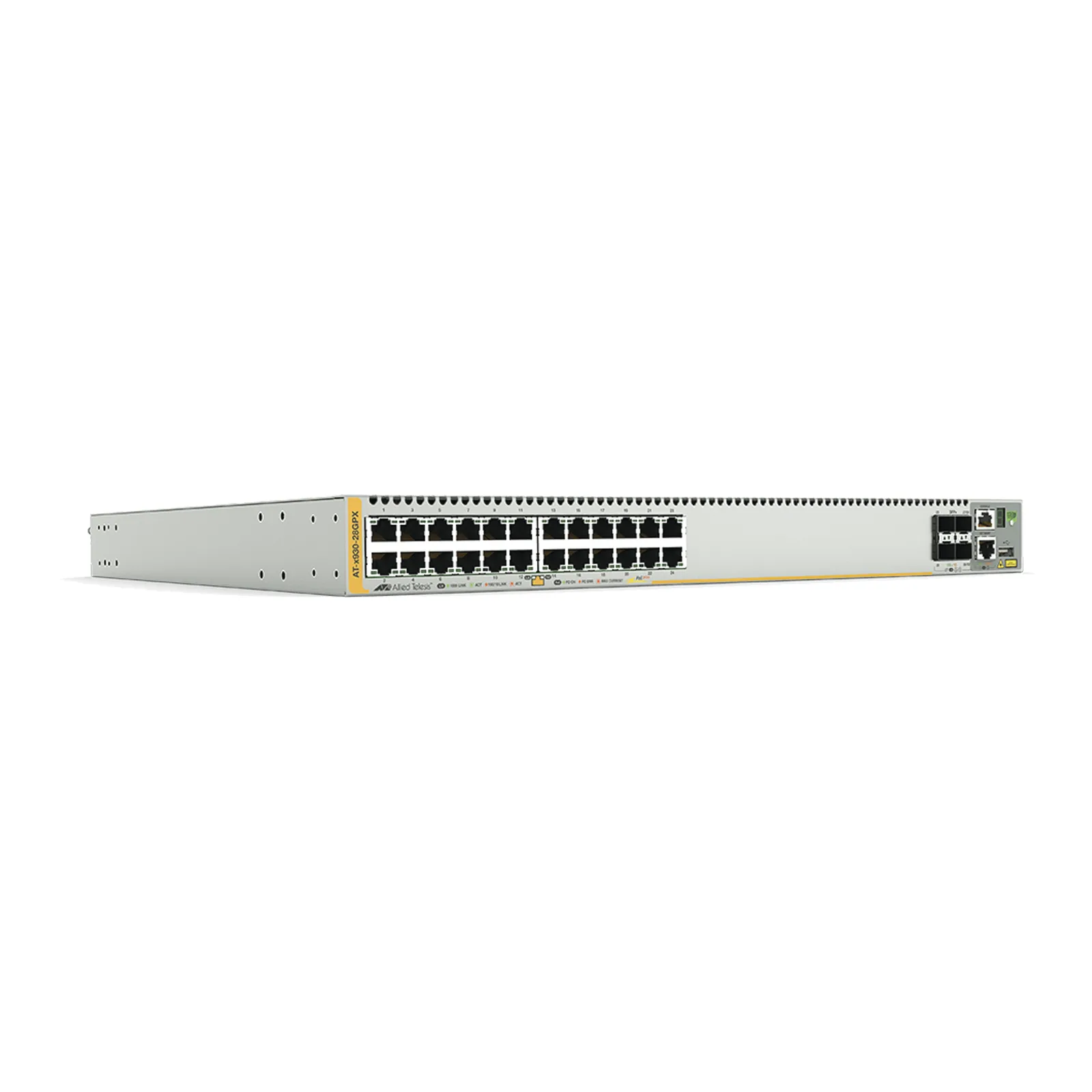 Switch PoE+ Stackeable Capa 3, 24 puertos 10/100/1000 Mbps + 4 puertos SFP+ 10 G y dos bahías hotswap PSU